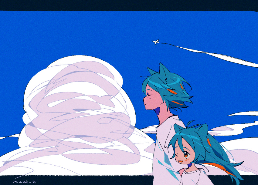 1boy 1girl ;d ^_^ aircraft airplane animal_ears antenna_hair aqua_hair blue_sky brother_and_sister cat_ears closed_eyes clouds condensation_trail dot_nose floating_hair from_side happy height_difference letterboxed limited_palette long_hair looking_away multicolored_hair niwabuki noshime_ruka one_eye_closed open_mouth orange_eyes original outdoors outside_border profile satonaka_kei shirt siblings signature sky smile streaked_hair tareme upper_body white_shirt wind