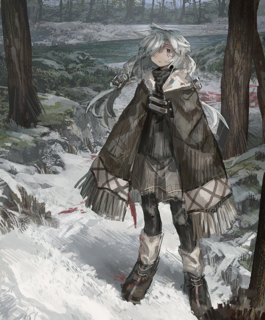 1girl ankle_boots black_legwear boots brown_cloak cloak closed_mouth forest hair_over_one_eye highres long_hair looking_at_viewer nature one_eye_covered original pantyhose red_eyes river shichigatsu snow solo tree twintails