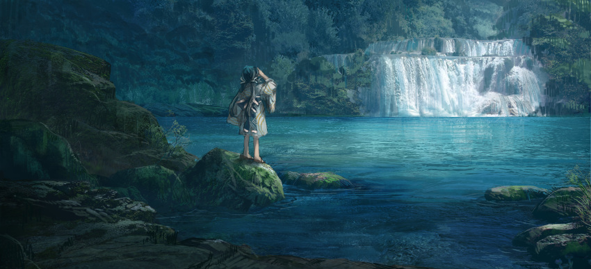 1girl absurdres blue_hair blue_sash facing_away from_behind grey_kimono hand_up highres japanese_clothes kimono lake low_twintails moss obi original outdoors rock sandals sash scenery shichigatsu solo standing twintails water waterfall