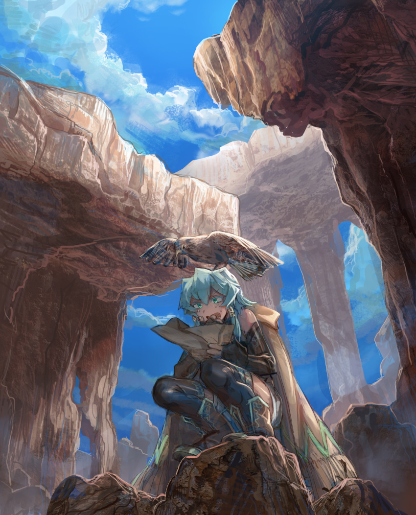 1girl animal_on_head bird bird_on_head black_legwear blue_hair blue_sky brown_cape canyon cape day green_eyes hawk highres medium_hair on_head open_mouth original outdoors rock scenery shichigatsu sky solo squatting thigh-highs