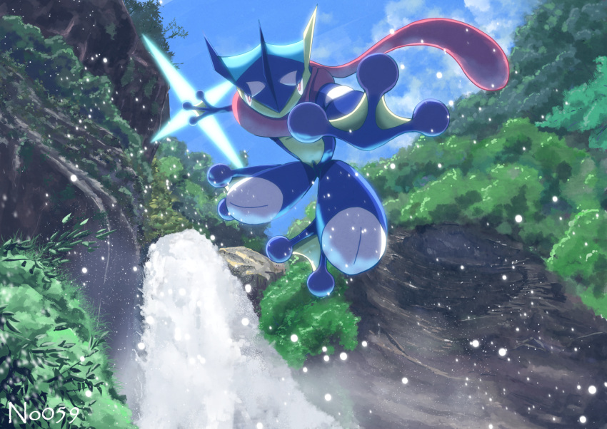 artist_name cliff clouds commentary_request day full_body gen_6_pokemon greninja looking_at_viewer no-goku_(penicillium) no_humans outdoors pokemon pokemon_(creature) shuriken sky solo tongue_scarf water watermark