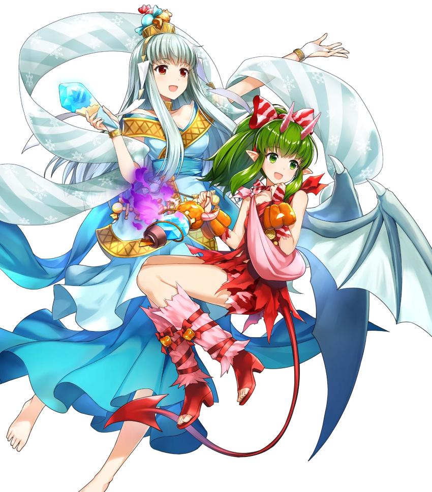 2girls amagai_tarou bangs bare_shoulders barefoot breasts demon_tail dress eyebrows_visible_through_hair fire_emblem fire_emblem:_mystery_of_the_emblem fire_emblem:_the_blazing_blade fire_emblem_heroes full_body green_eyes green_hair hair_ornament halloween_costume highres holding horns long_dress long_hair looking_away medium_breasts multiple_girls ninian_(fire_emblem) official_art open_mouth open_toe_shoes pointy_ears ponytail red_dress red_eyes shiny shiny_hair short_dress sidelocks silver_hair sleeveless smile snowflake_print tail tied_hair tiki_(fire_emblem) toes transparent_background wings