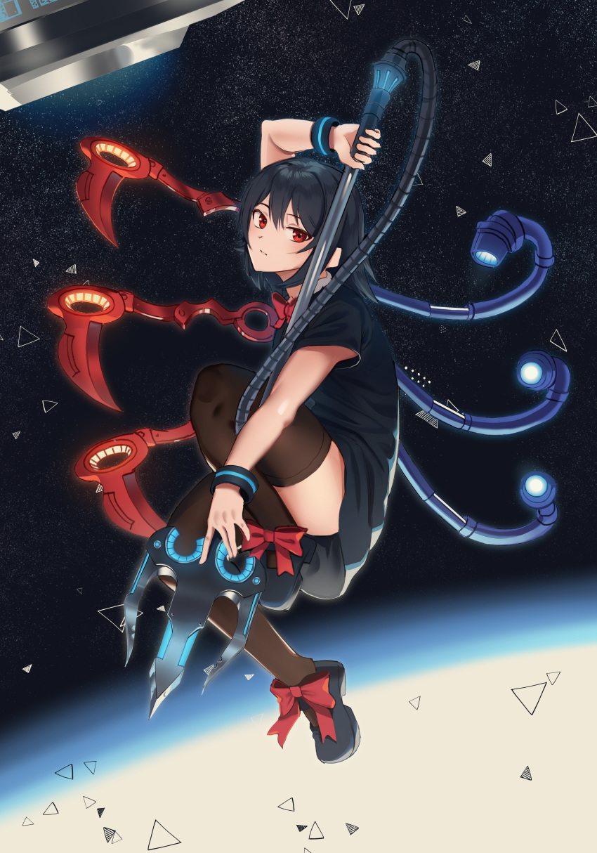 1girl absurdres bangle black_dress black_hair black_legwear bow bowtie bracelet commentary commission dress goback highres houjuu_nue huge_filesize jewelry looking_at_viewer mechanical_wings parted_lips polearm red_bow red_eyes red_neckwear shoe_bow shoes short_dress short_sleeves sky solo space star_(sky) starry_background starry_sky thigh-highs touhou triangle trident weapon wings