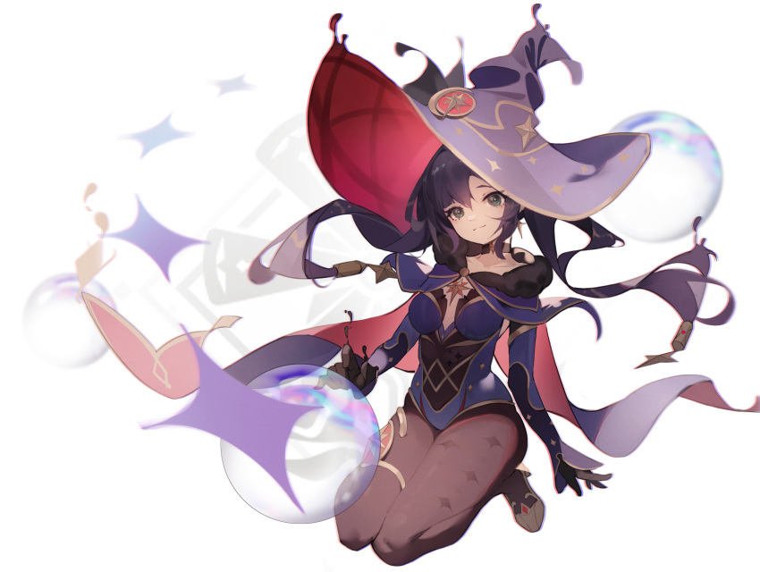 1girl black_gloves breasts bubble diamond_(symbol) earrings full_body genshin_impact gloves hat highres jewelry kkj25 leotard long_hair long_sleeves looking_at_viewer mage mona_(genshin_impact) pantyhose purple_hair simple_background smile solo thighs white_background witch_hat
