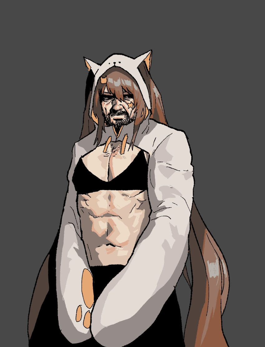 1boy abs beard black_bra black_eyes black_hair black_skirt borrowed_character bra chyan_9 closed_mouth cowboy_shot facial_hair gloves gogalking grey_background highres long_hair long_sleeves male_focus manly mustache navel original paw_gloves paws shrug_(clothing) simple_background skirt solo standing twintails underwear very_long_hair