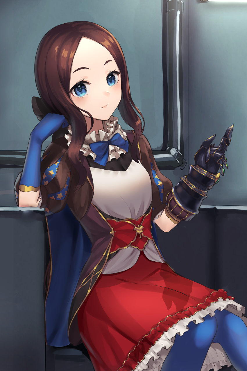 1girl absurdres bangs black_bow blue_eyes blue_gloves blue_legwear blush bow breasts brown_dress brown_hair darutanyan1023 dress elbow_gloves fate/grand_order fate_(series) forehead gauntlets gloves hair_bow highres leonardo_da_vinci_(fate/grand_order) leonardo_da_vinci_(rider)_(fate) long_hair looking_at_viewer parted_bangs ponytail puff_and_slash_sleeves puffy_short_sleeves puffy_sleeves red_skirt short_sleeves single_gauntlet sitting skirt small_breasts smile