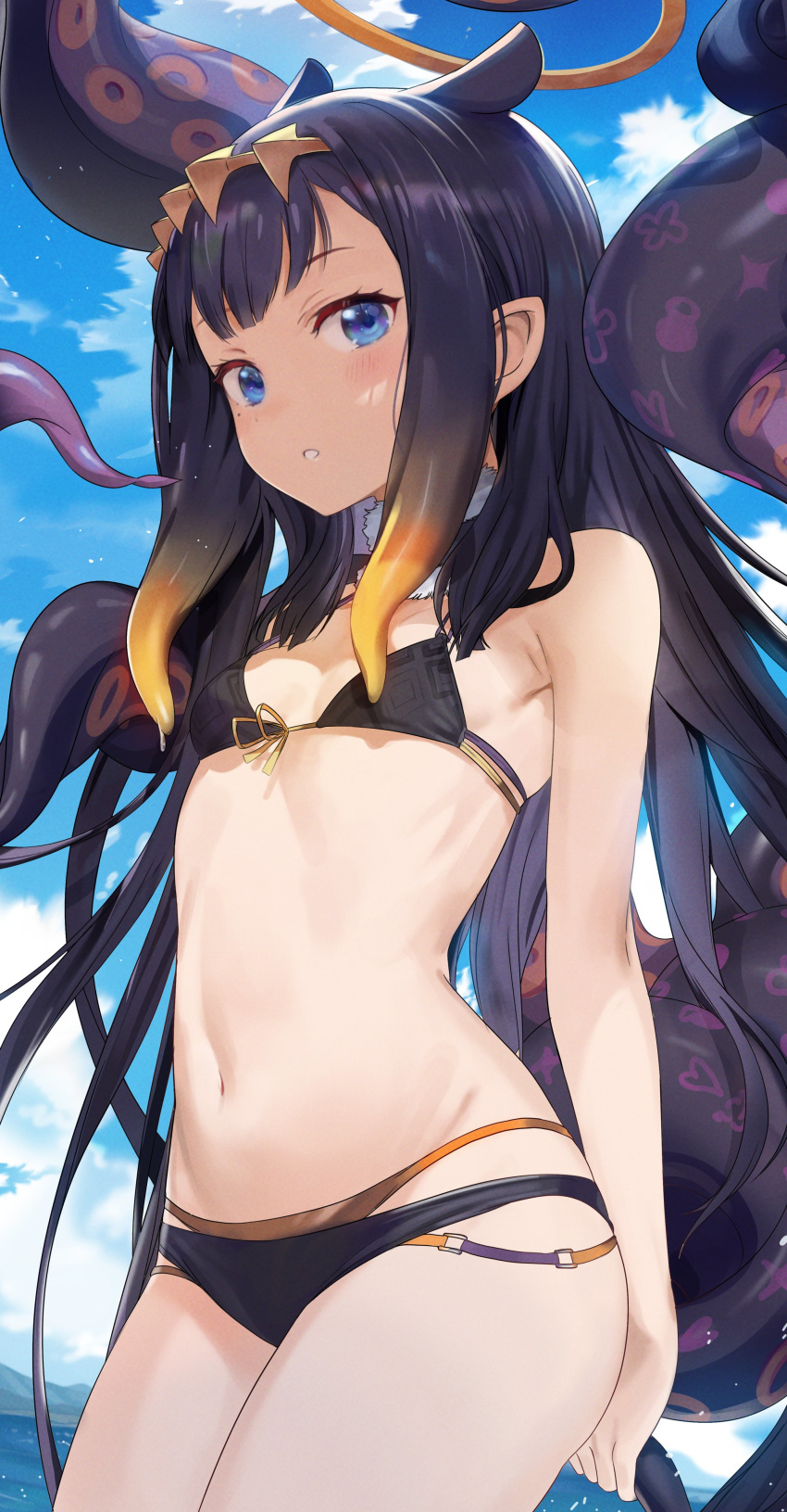 1girl absurdres adapted_costume animal_ears arms_behind_back bangs bare_shoulders bikini black_hair blue_eyes blush breasts collarbone cowboy_shot day extra_ears hair_ornament highres hololive hololive_english layered_bikini long_hair looking_at_viewer mole mole_under_eye monster_girl multi-strapped_bikini navel ninomae_ina'nis ocean outdoors parted_lips pointy_ears seicoh sky small_breasts solo stomach swimsuit tentacles virtual_youtuber water