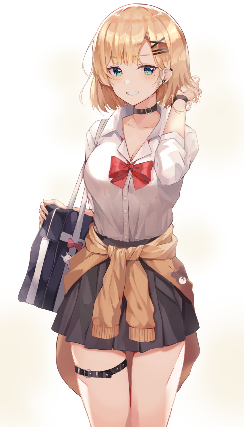 1girl absurdres arm_behind_head bag bangs belt_buckle black_skirt blka blonde_hair blue_eyes blush bob_cut bow bowtie breasts buckle buttons cardigan cardigan_around_waist choker clothes_around_waist collarbone collared_shirt commentary_request cowboy_shot ear_piercing earrings gyaru hair_ornament hairclip hand_up highres holding holding_bag jewelry large_breasts leg_belt long_sleeves looking_at_viewer miniskirt mole mole_under_eye open_mouth original piercing pink_bow pleated_skirt red_bow school_bag school_uniform shirt shirt_tucked_in short_hair skirt smile solo teeth watch watch white_background white_shirt x_hair_ornament
