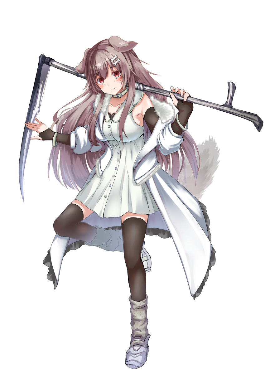 1girl absurdres animal_ears bangs blush bone_hair_ornament breasts brown_hair collar collarbone dog_ears dog_girl dog_tail dress elbow_gloves eyebrows_visible_through_hair final-fantasy-leo fingerless_gloves fur-trimmed_jacket fur_trim gloves hair_between_eyes highres holding holding_scythe hololive inugami_korone jacket leg_up long_hair looking_at_viewer medium_breasts open_clothes open_jacket pose red_eyes scythe sidelocks simple_background sleeveless sleeveless_dress smile solo tail thigh-highs virtual_youtuber white_background white_collar white_dress white_jacket zettai_ryouiki