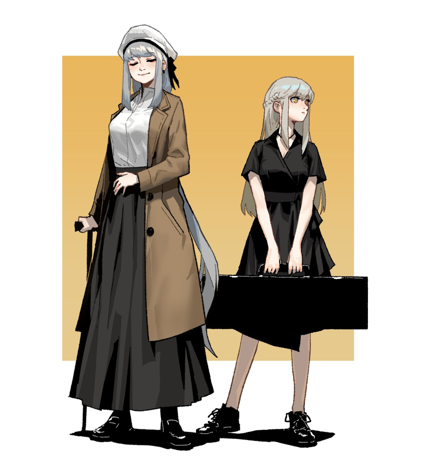 2girls black_choker black_dress black_footwear black_skirt blind bright_pupils brown_coat case choker closed_eyes closed_mouth coat contrapposto dress earrings facing_viewer full_body gogalking grey_hair hat highres holding_case jewelry junior_(gogalking) long_hair long_skirt looking_to_the_side multiple_girls open_clothes open_coat ophelia_(gogalking) orange_background original shiny shiny_hair shirt shoes short_sleeves skirt smile standing v_arms very_long_hair walking_stick white_headwear white_pupils white_shirt yellow_eyes