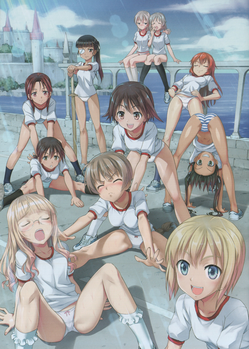 6+girls artist_request ass black_hair black_legwear blonde_hair blue_eyes blue_stripes blush breasts brown_eyes brown_hair castle charlotte_e_yeager closed_eyes closed_mouth eila_ilmatar_juutilainen erica_hartmann exercise eyepatch francesca_lucchini gertrud_barkhorn glasses green_eyes green_hair grin gym_shirt highres kneehighs large_breasts light_rays lynette_bishop minna-dietlinde_wilcke miyafuji_yoshika multiple_girls ocean open_mouth outdoors panties parted_lips perrine_h_clostermann ponytail red_eyes redhead sakamoto_mio sanya_v_litvyak shiny shiny_hair shirt short_hair sky small_breasts smile source_request spread_legs strike_witches striped striped_panties sunbeam sunlight twintails underwear white_hair white_legwear white_panties white_shirt world_witches_series yawning yuri
