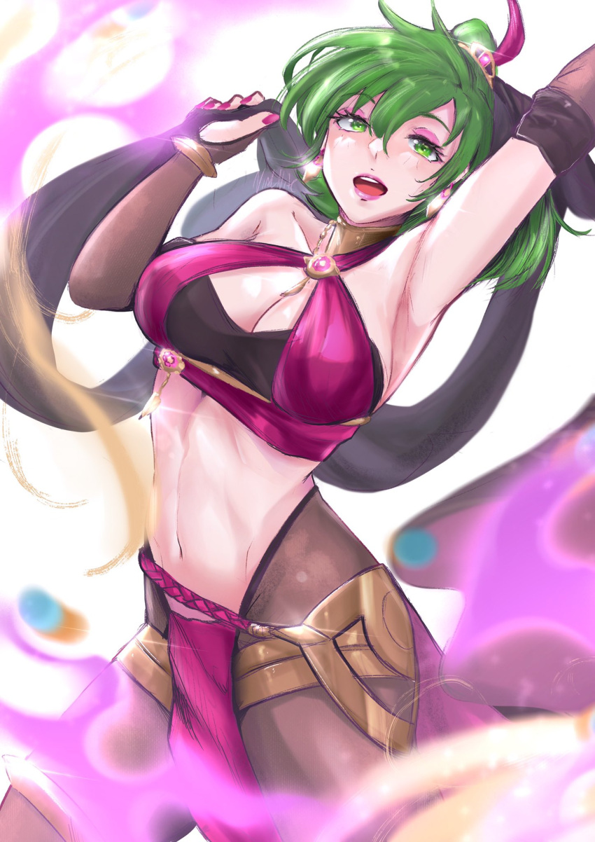 1girl alternate_costume arm_up armpits bangs bikini bikini_top blurry blurry_foreground bracelet breasts cleavage_cutout clothing_cutout clothing_request commentary_request cowboy_shot depth_of_field detached_sleeves eyelashes eyeshadow fire_emblem fire_emblem:_genealogy_of_the_holy_war fire_emblem_heroes gem gold_armor green_eyes green_hair high_ponytail highres jewelry large_breasts lene_(fire_emblem) lipstick makeup midriff mixed-language_commentary nail_polish navel open_mouth pantyhose purple_bikini see-through_sleeves sideboob simple_background solo swimsuit thighs toned vialnite white_background