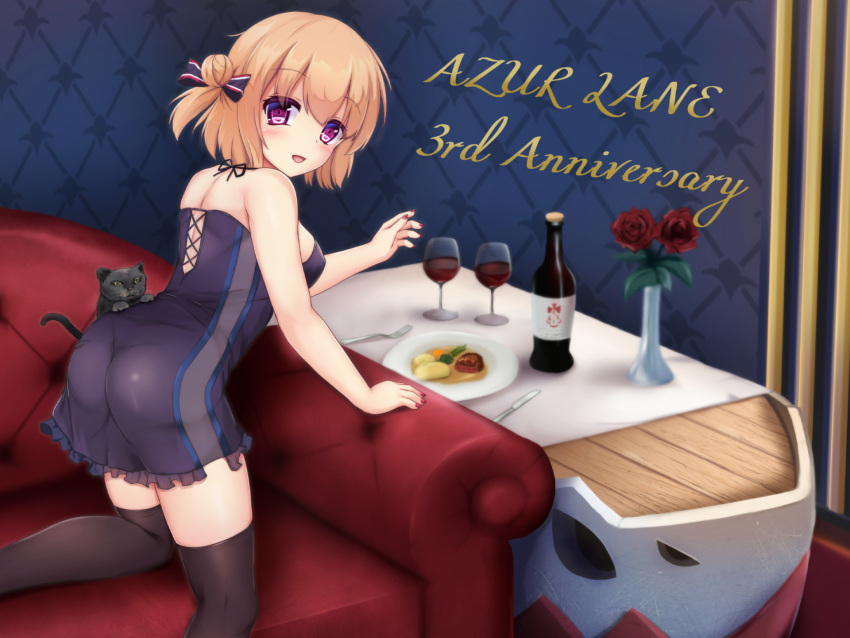 1girl alternate_costume anniversary ass azur_lane bai_da bare_shoulders blonde_hair blush bottle breasts cat commentary cup drinking_glass english_text eyebrows_visible_through_hair food hair_bun highres leipzig_(azur_lane) open_mouth ribbon short_hair solo thigh-highs violet_eyes wine_bottle wine_glass
