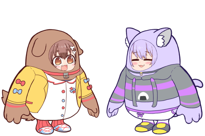 2girls animal_ears blush brown_eyes brown_hair cat_ears closed_eyes collar commentary_request cosplay dog_ears fall_guy fall_guy_(cosplay) fall_guys hololive hood hoodie inugami_korone jacket matarou_(matarou072) multiple_girls nekomata_okayu open_mouth purple_hair simple_background tail virtual_youtuber white_background yellow_jacket