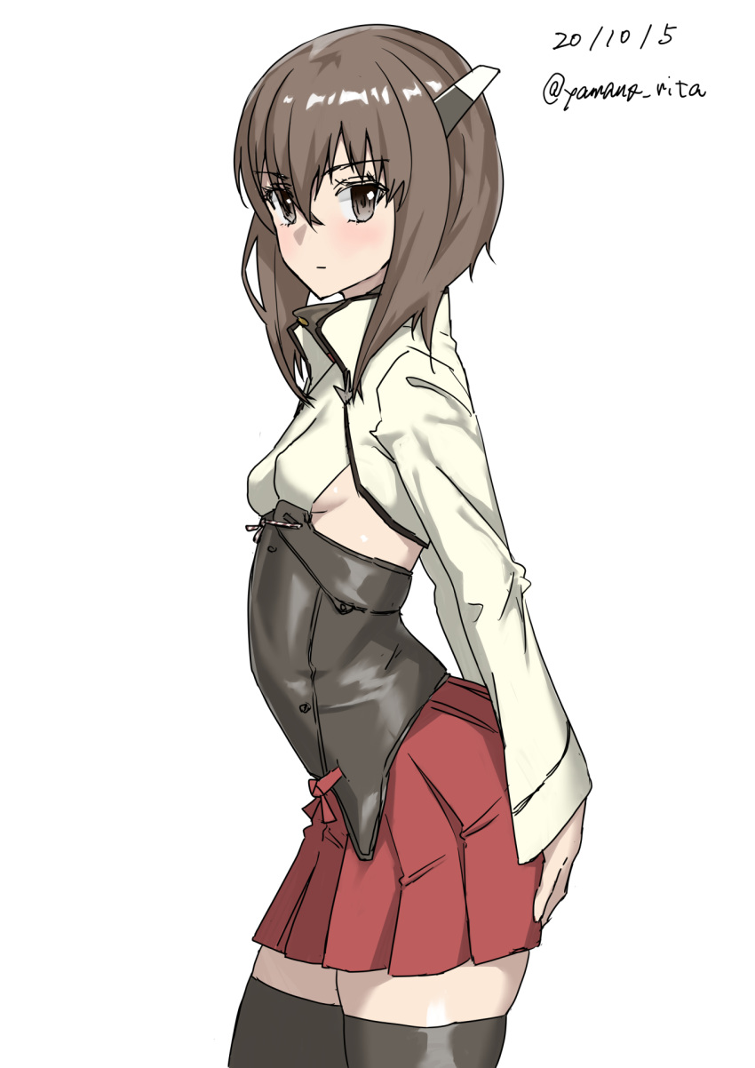 1girl black_legwear brown_eyes brown_hair corset cowboy_shot dated flat_chest hakama hakama_skirt headband headgear highres japanese_clothes kantai_collection looking_at_viewer pleated_skirt red_hakama red_skirt simple_background skirt solo taihou_(kantai_collection) thigh-highs twitter_username white_background yamano_rita