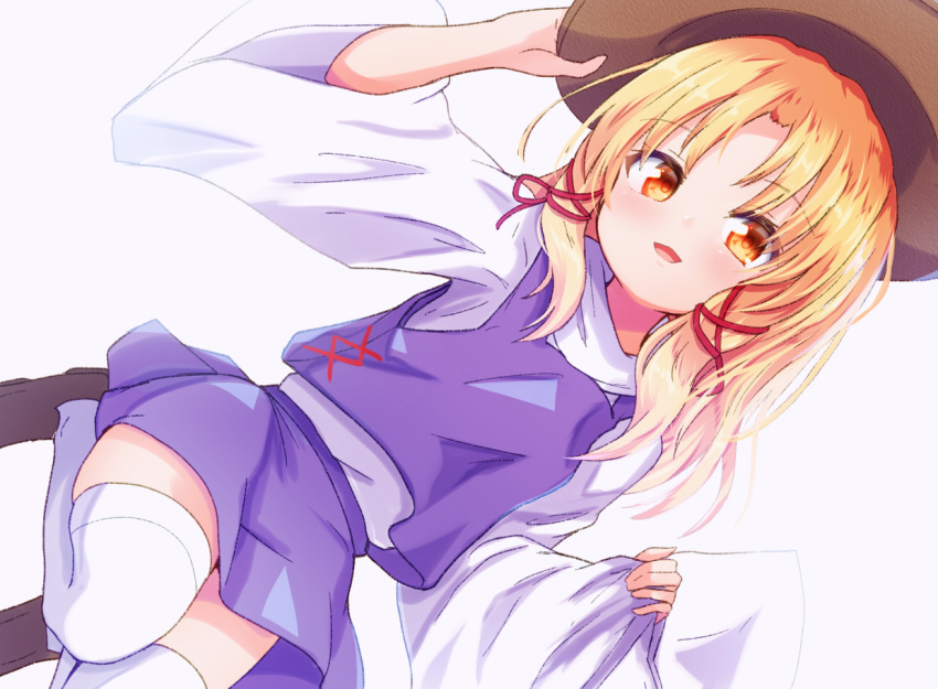 1girl :d arm_up bangs baram blonde_hair blush brown_footwear brown_headwear closed_mouth commentary_request dutch_angle eyebrows_visible_through_hair grey_background hair_ribbon hand_on_headwear hat long_hair long_sleeves moriya_suwako open_mouth parted_bangs pinching_sleeves purple_skin purple_vest red_eyes red_ribbon ribbon shirt shoes simple_background sleeves_past_wrists smile solo thigh-highs touhou vest white_legwear white_shirt wide_sleeves