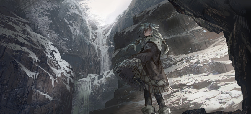 1girl absurdres ankle_boots bare_tree boots brown_cloak cloak closed_mouth feet_out_of_frame from_behind frozen highres hood hood_down looking_at_viewer original pantyhose red_eyes scenery shichigatsu simple_background snow tree twintails water waterfall white_hair