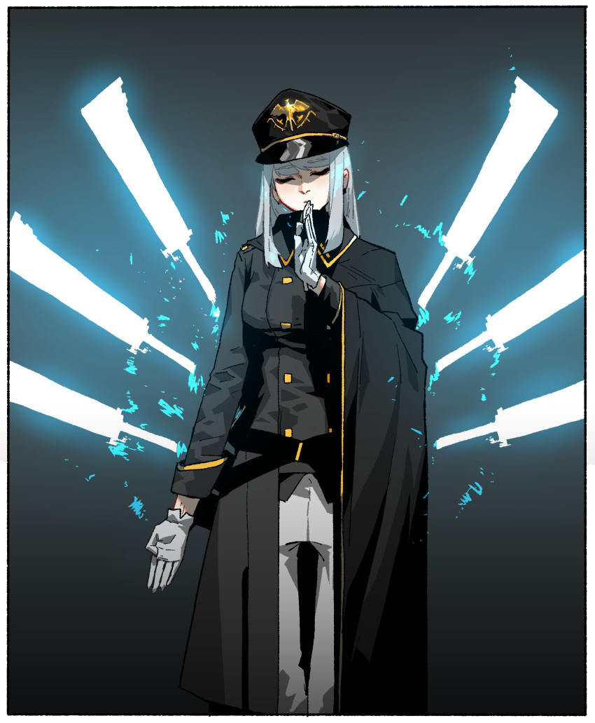 1girl absurdres black_headwear border closed_eyes closed_mouth double-breasted energy_blade gloves gogalking grey_jacket hand_up hat highres jacket long_sleeves magic meditation military military_hat military_jacket military_uniform ophelia_(gogalking) original pants solo uniform white_border white_gloves white_pants