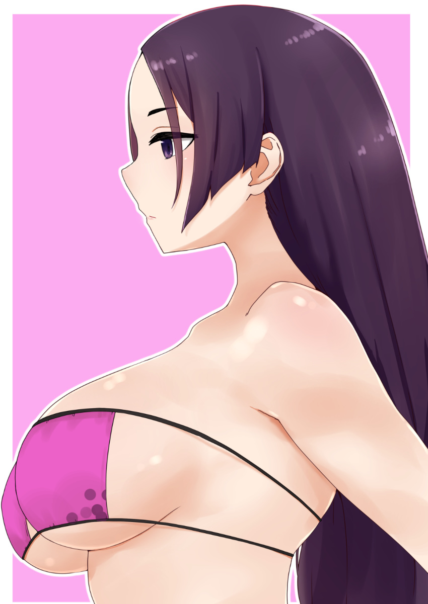 1girl bangs bare_shoulders bikini breasts closed_mouth eyebrows_visible_through_hair eyepatch_bikini fate/grand_order fate_(series) highres i.u.y large_breasts long_hair looking_away minamoto_no_raikou_(fate/grand_order) minamoto_no_raikou_(swimsuit_lancer)_(fate) outline parted_bangs pink_background pink_bikini profile purple_hair solo swimsuit two-tone_background upper_body violet_eyes white_background white_outline