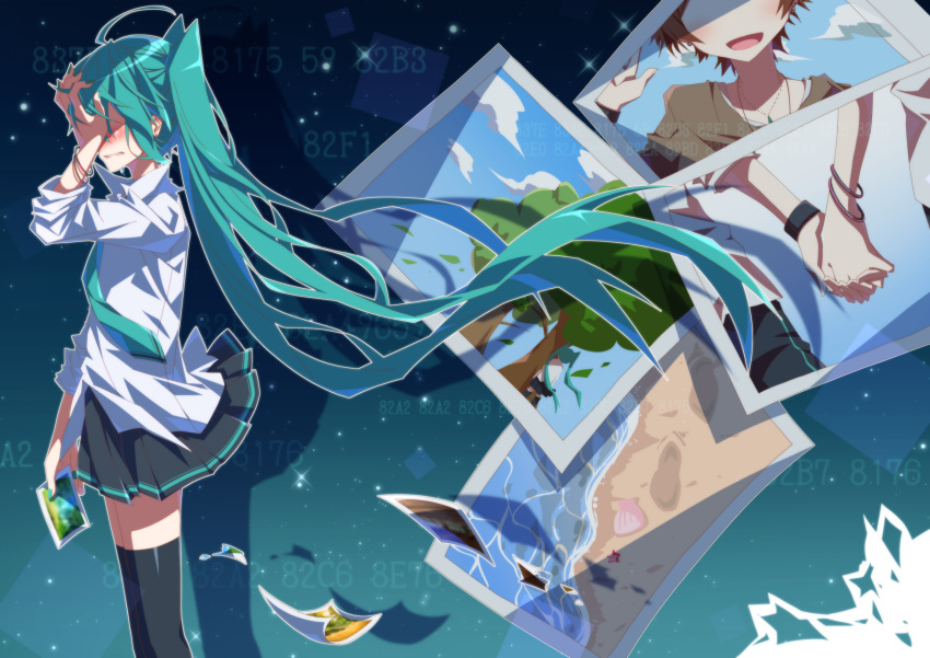 1girl ahoge aosaki_yato aqua_hair aqua_neckwear black_legwear black_skirt blush bracelet brown_hair calc_(vocaloid) clam_shell commentary covering_face faceless faceless_male from_side hand_on_own_face hand_up hatsune_miku highres holding holding_hands holding_photo jewelry long_hair long_sleeves miniskirt necklace necktie night night_sky ocean photo_(object) pleated_skirt shell shirt skirt sky standing star_(sky) starry_sky tears thigh-highs tree twintails very_long_hair vocaloid wavy_mouth white_shirt zettai_ryouiki zoom_layer