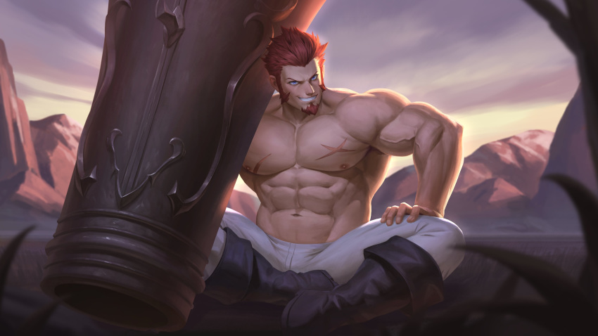 1boy abs absurdres bara blue_eyes boots brown_hair cannon chest chest_scar commission crossed_legs facial_hair fate/grand_order fate_(series) full_body goatee grin highres huge_weapon looking_at_viewer male_focus manly mountain muscle napoleon_bonaparte_(fate/grand_order) nat_vitchayed navel nipples pants scar shirtless short_hair sideburns smile solo sunrise thick_thighs thighs tight weapon white_pants