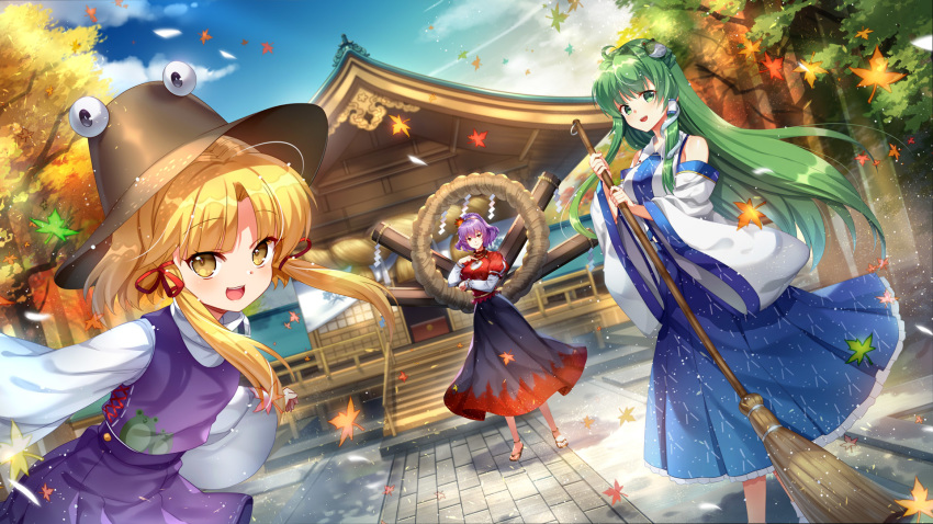 3girls architecture autumn_leaves blonde_hair capura_lin day detached_sleeves east_asian_architecture frog_hair_ornament green_eyes green_hair hair_ornament hair_tubes highres kochiya_sanae leaf leaf_hair_ornament long_hair long_skirt looking_at_viewer maple_leaf medium_hair moriya_suwako multiple_girls nontraditional_miko onbashira outdoors purple_hair rope shimenawa short_hair skirt snake_hair_ornament touhou wide_sleeves yasaka_kanako yellow_eyes