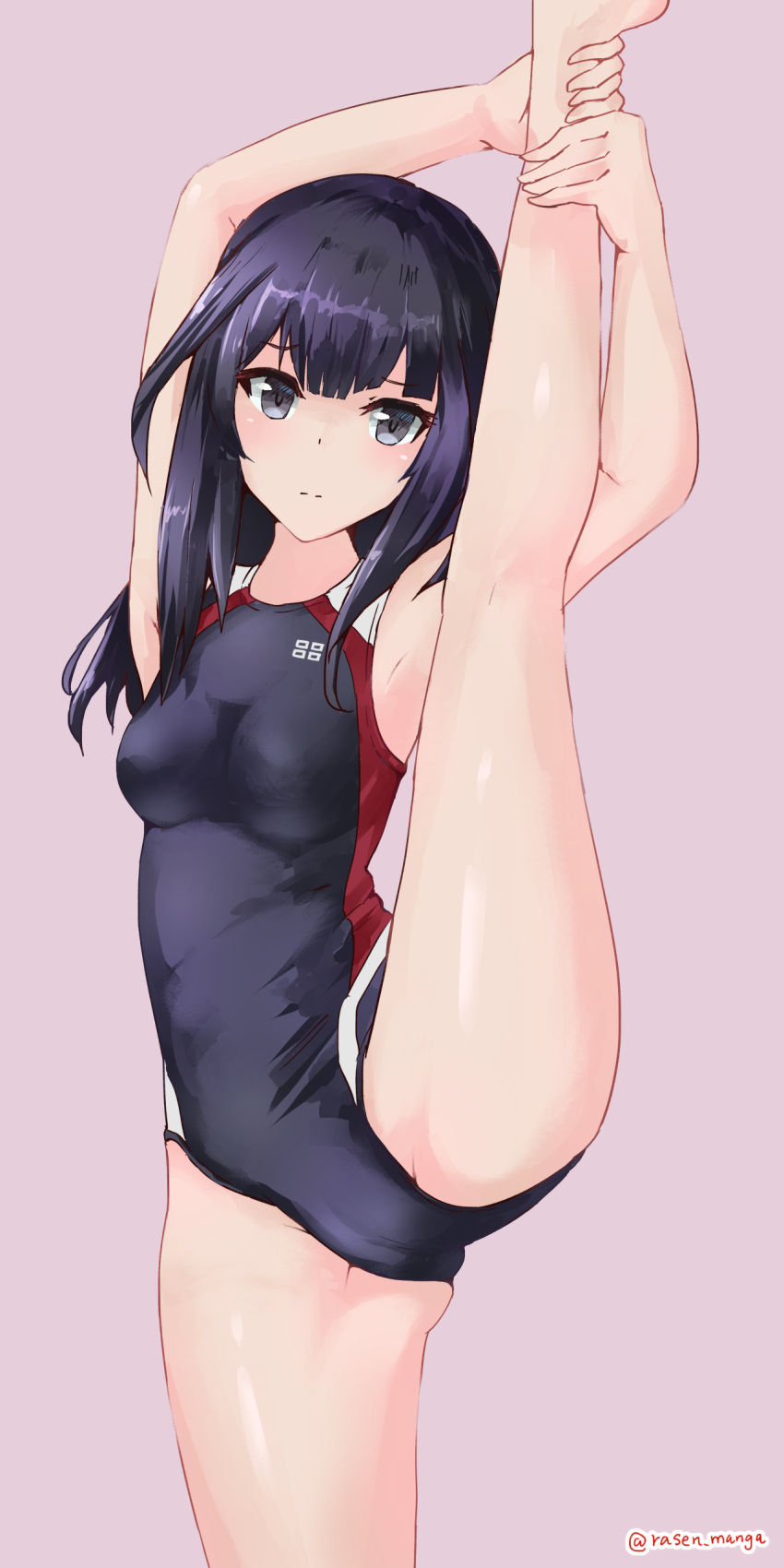 1girl absurdres agatsuma_kaede alice_gear_aegis bangs black_hair black_swimsuit blunt_bangs breasts commentary_request competition_swimsuit cowboy_shot grey_background grey_eyes highres long_hair looking_at_viewer medium_breasts one-piece_swimsuit rasen_manga simple_background solo split standing standing_on_one_leg standing_split swimsuit