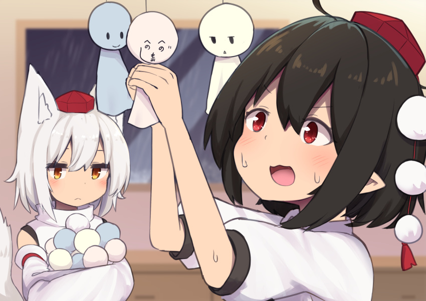 2girls :&lt; animal_ears arms_up black_hair commentary_request detached_sleeves expressionless hat highres holding indoors inubashiri_momiji looking_at_another looking_up multiple_girls open_mouth pointy_ears pom_pom_(clothes) puffy_short_sleeves puffy_sleeves rain red_eyes red_headwear saisoku_no_yukkuri shameimaru_aya shirt short_hair short_sleeves sweat teruterubouzu tokin_hat touhou upper_body white_hair white_shirt window wolf_ears