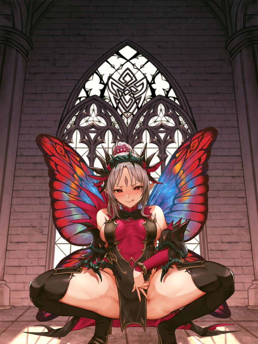 1girl :q absurdres alba boots fairy_wings fire_emblem fire_emblem_heroes grey_hair heart heart-shaped_pupils highres long_hair plumeria_(fire_emblem) pointy_ears ponytail red_eyes solo spread_legs squatting symbol-shaped_pupils thigh-highs thigh_boots tongue tongue_out wings