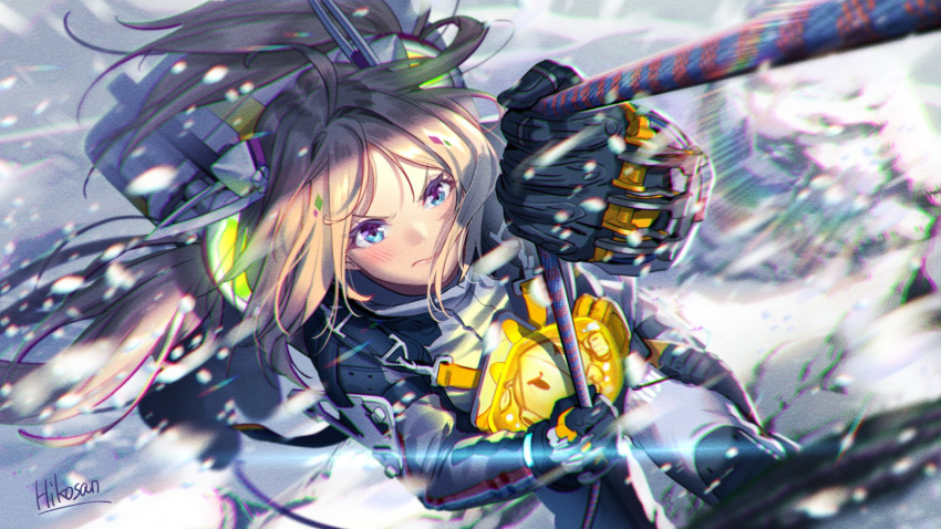 1girl aki_rosenthal backpack bag bangs bb-28 bb-28_(cosplay) black_gloves blonde_hair blue_eyes blush bob_cut climbing cosplay death_stranding detached_hair floating_hair gloves hair_ornament headgear highres hikosan20216917 holding holding_rope hololive jumpsuit long_hair long_sleeves looking_at_viewer low_twintails outdoors parody parted_bangs rope sam_porter_bridges sam_porter_bridges_(cosplay) short_hair snowing solo twintails virtual_youtuber wind