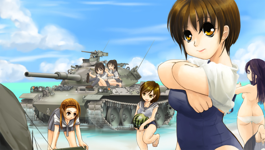 6+girls barefoot beach bh black_hair breasts brown_eyes brown_hair butt_crack caterpillar_tracks closed_eyes clouds commentary_request day food fruit ground_vehicle gun hairband highres long_hair looking_at_viewer machine_gun medium_breasts military military_vehicle motor_vehicle multiple_girls ocean original panties ponytail purple_hair school_swimsuit school_uniform see-through serafuku shirt short_hair skirt sky smile swimsuit tank topless type_74 underwear undressing violet_eyes water watermelon weapon wet wet_clothes white_panties