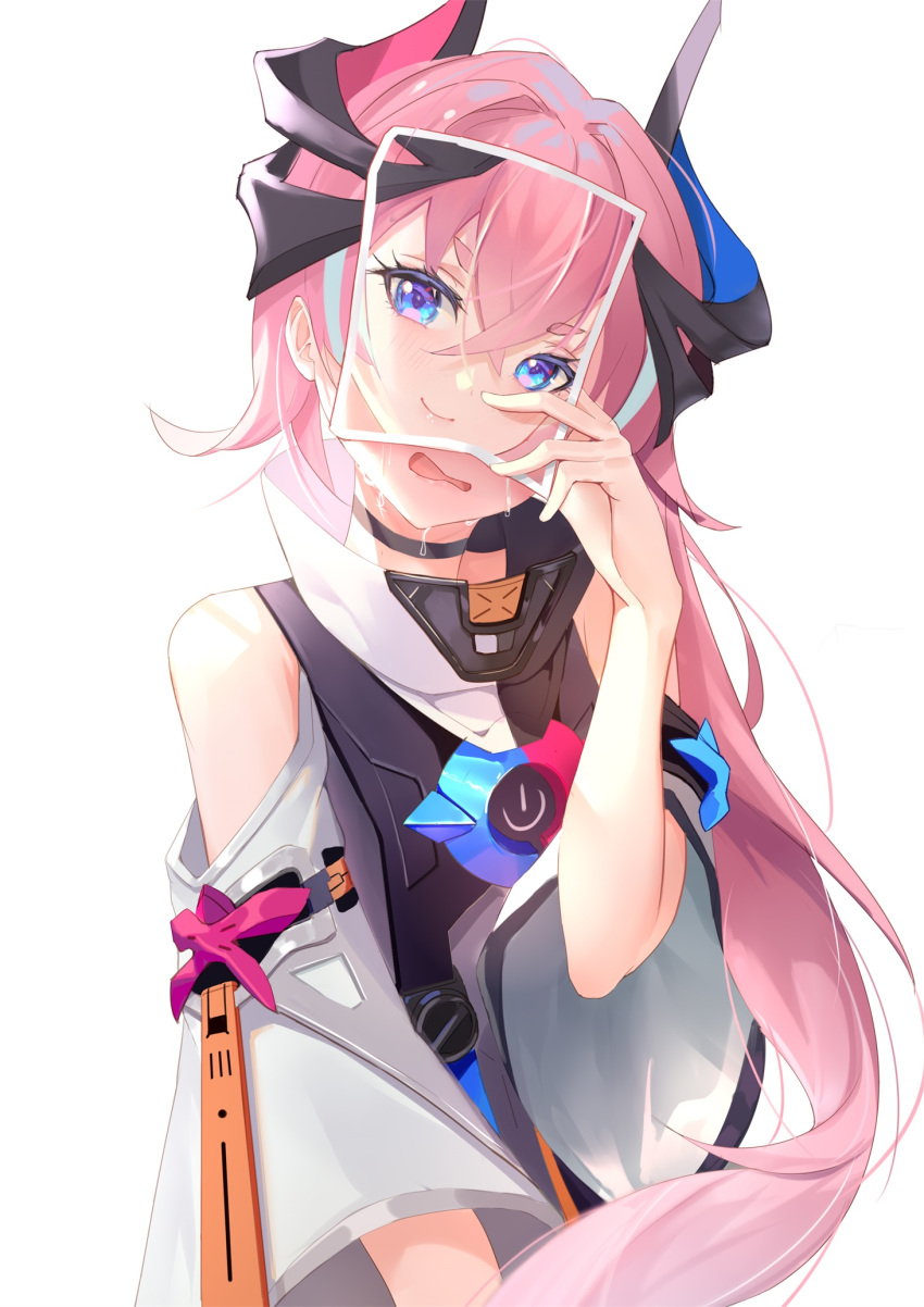 1girl blue_eyes blue_hair blush commentary covering_face crying high_collar highres holding holding_photo honkai_(series) honkai_impact_3rd horns long_hair multicolored_hair open_mouth photo_(object) pink_hair rozaliya_olenyeva smile solo streaked_hair streaming_tears tears thick_eyebrows very_long_hair white_background zhongwu_chahui