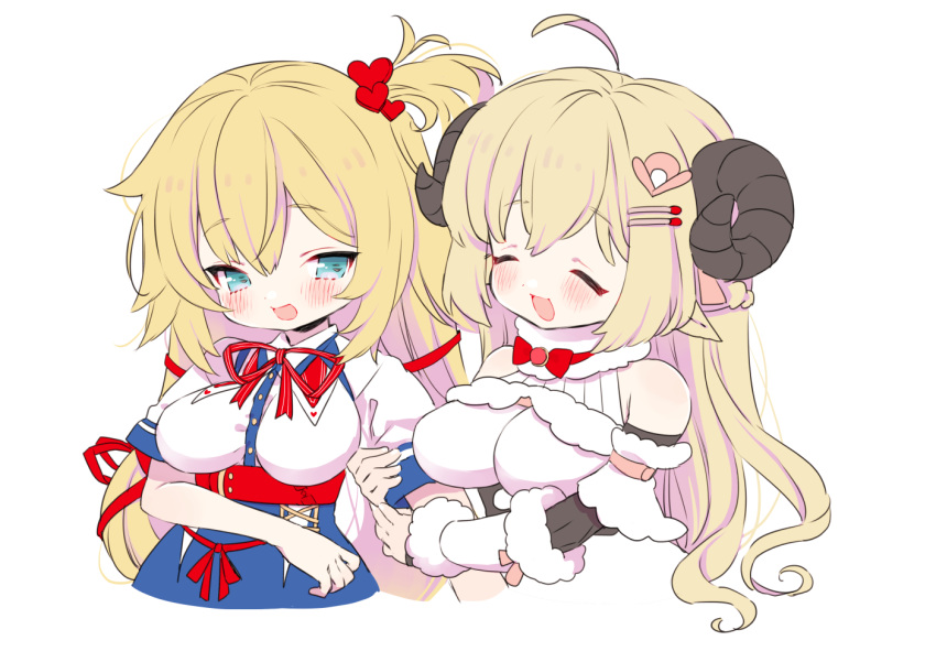 2girls :d ahoge akai_haato arm_hug blonde_hair blue_eyes blush breasts closed_eyes commentary_request cropped_torso fur_trim hair_ornament hololive horns large_breasts long_hair maitou multiple_girls one_side_up open_mouth sheep_horns simple_background smile tsunomaki_watame virtual_youtuber white_background