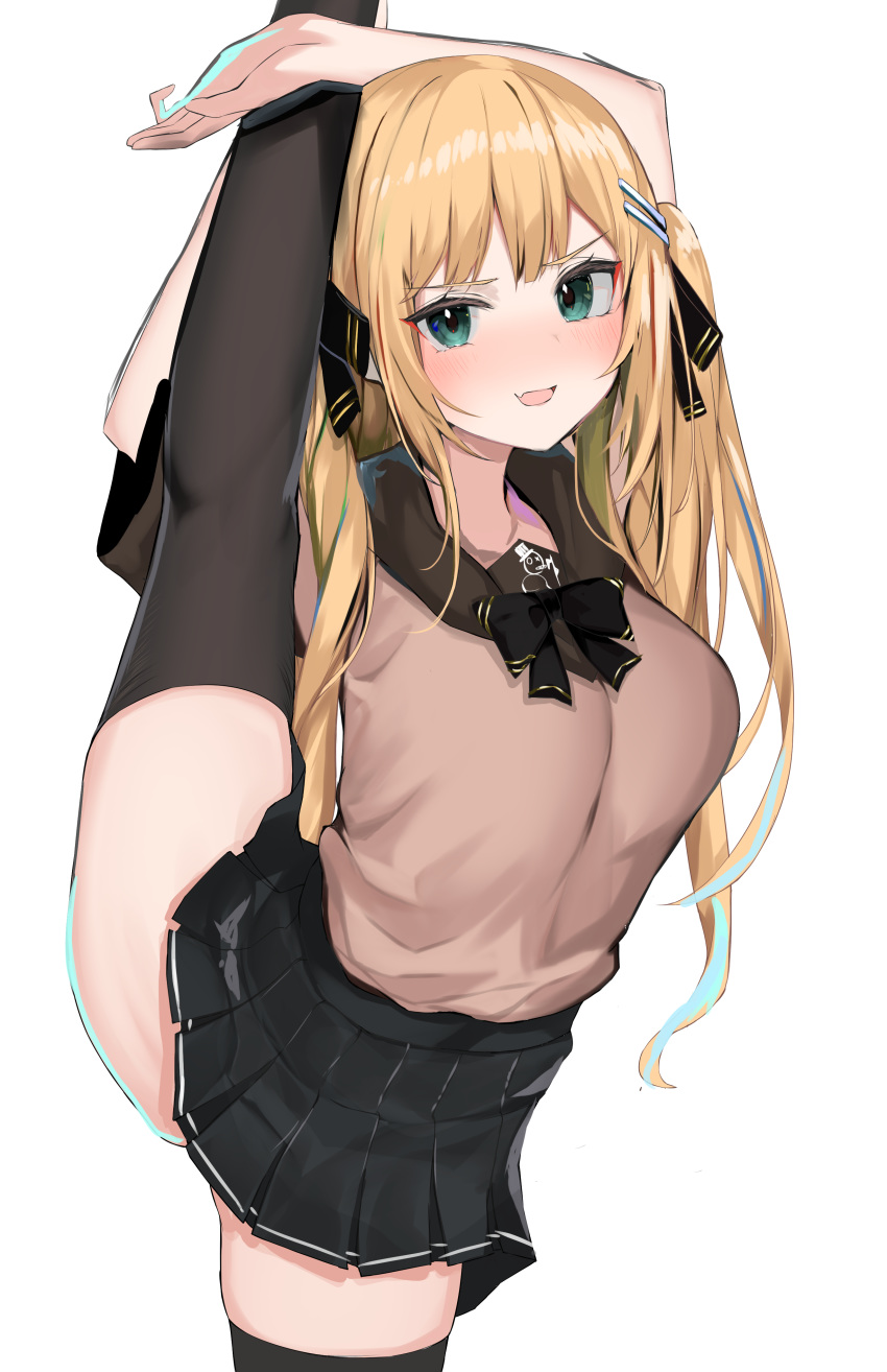 1girl :d absurdres bangs black_bow black_neckwear black_ribbon black_skirt blonde_hair blush bow bowtie breasts eyebrows_visible_through_hair fang hair_ribbon highres large_breasts leg_up long_hair looking_at_viewer miniskirt nephthys2356 open_mouth original pleated_skirt ribbon short_sleeves simple_background skin_fang skirt smile solo split standing standing_on_one_leg standing_split thigh-highs thighs two_side_up v-shaped_eyebrows white_background