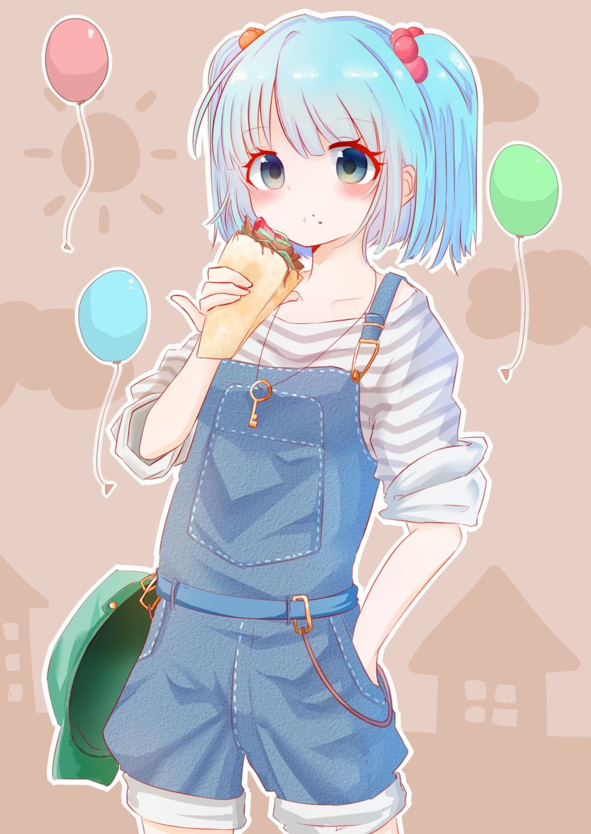 1girl :t absurdres alternate_costume arm_up balloon bangs belt blue_eyes blue_hair blush collarbone commentary_request cowboy_shot crepe crumbs denim denim_shorts eating eyebrows_visible_through_hair flat_cap food grey_shirt hair_bobbles hair_ornament hand_in_pocket hat headwear_removed highres holding holding_food house kawashiro_nitori key long_sleeves looking_at_viewer myan_(myan3891) outline overalls pinky_out shirt short_hair shorts sleeves_pushed_up solo standing striped striped_shirt sun_(symbol) tan_background touhou two_side_up
