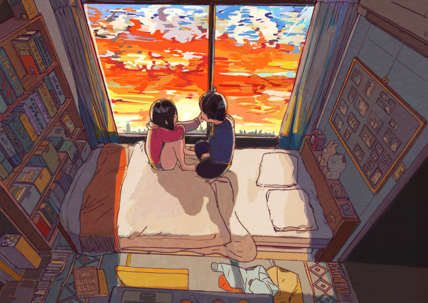 1boy 1girl asukan_(tm1330) bed bed_sheet black_hair book bookshelf couple futon highres hood hoodie indoors legs_together morning original pillow short_hair shorts sitting squatting stuffed_animal stuffed_toy sunrise