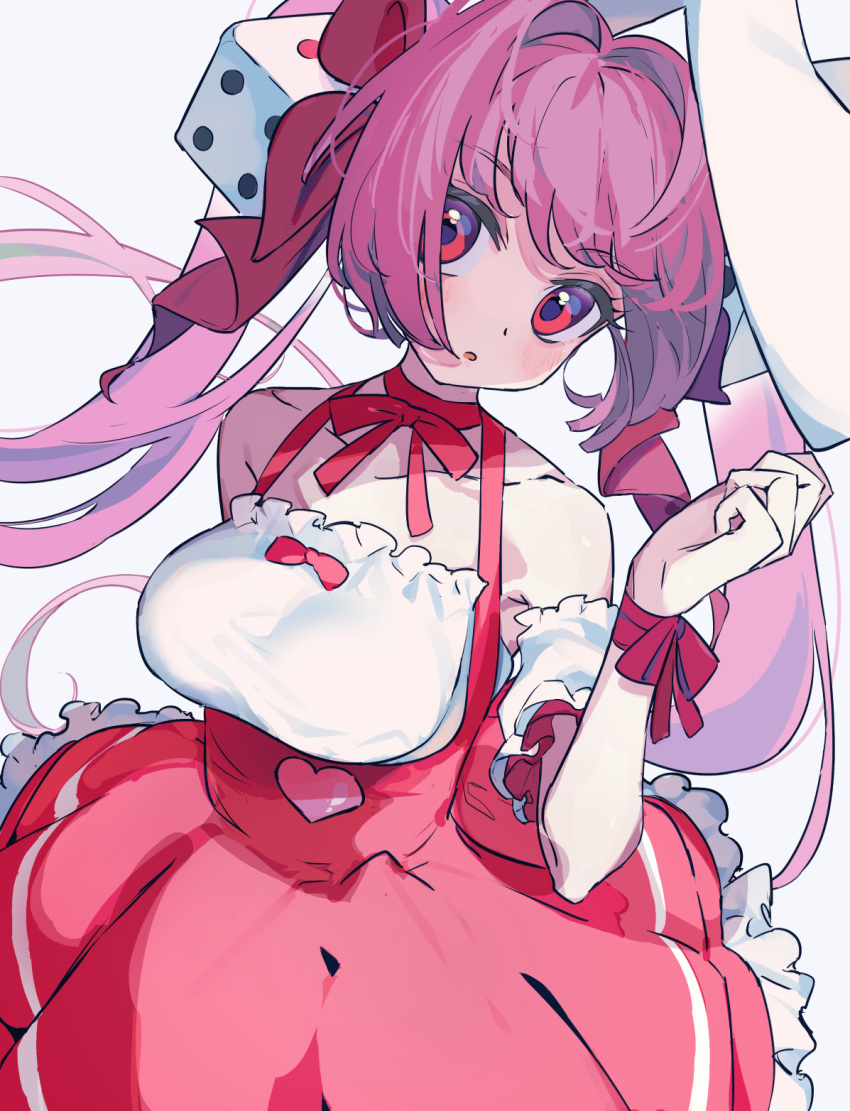 1girl :o animal_ears bangs blush breasts choker di_gi_charat dice_hair_ornament dress eyebrows_visible_through_hair hair_ornament hair_ribbon heart highres large_breasts long_hair open_mouth pink_hair rabbit_ears red_eyes ribbon ribbon_choker simple_background solo twintails usada_hikaru very_long_hair white_background wrist_ribbon yamamura_saki