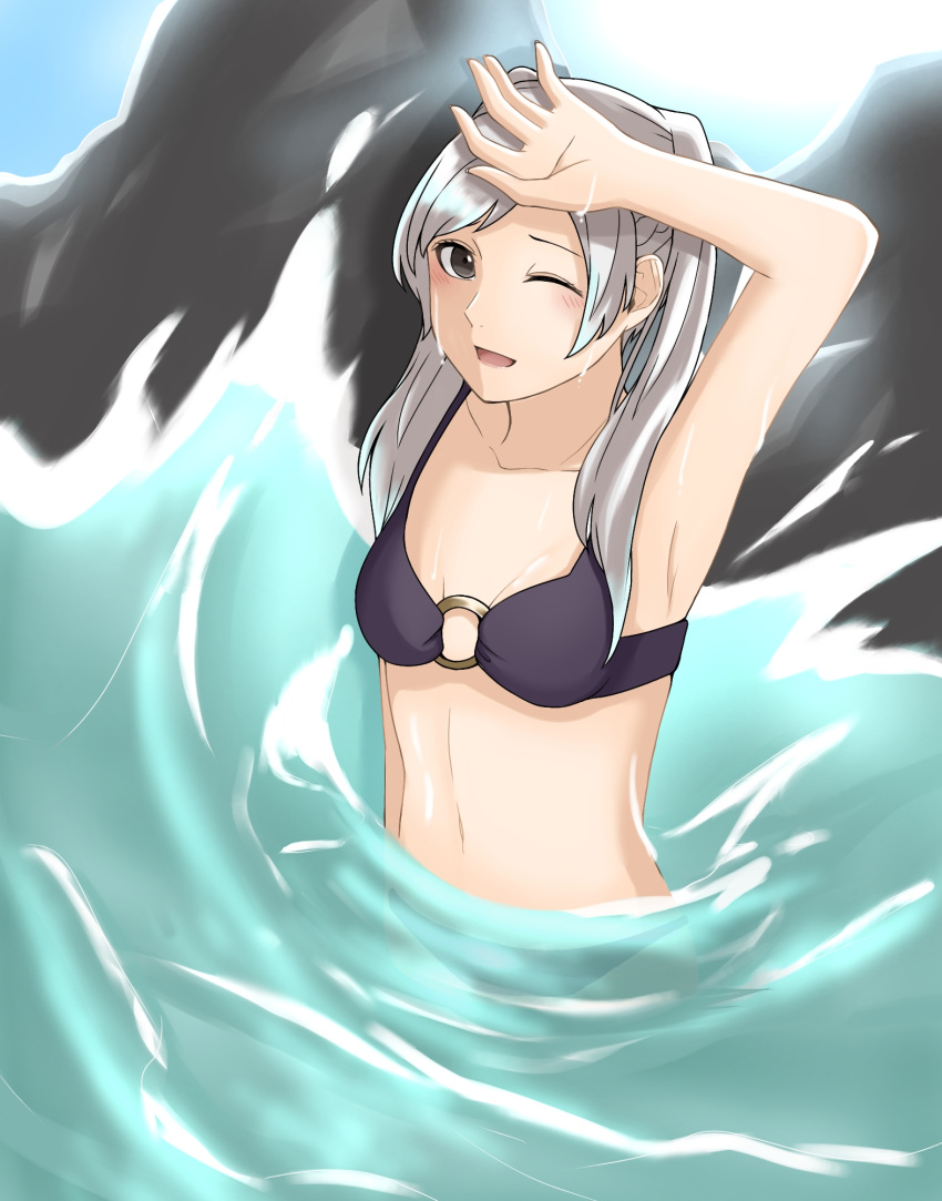 1girl ao_saryaruhu armpit belt_removed bikini blush boulder cute female_my_unit_(fire_emblem:_kakusei) fire_emblem fire_emblem:_kakusei fire_emblem_13 fire_emblem_awakening fire_emblem_heroes gloves_removed intelligent_systems lagoon long_hair my_unit_(fire_emblem:_kakusei) navel nintendo partially_submerged purple_bikini reflet reflet_(girl) robe_removed robin_(fire_emblem) robin_(fire_emblem)_(female) rock solo splash splashing summer super_smash_bros. swimming swimsuit twintails water water_waves wet white_hair wink