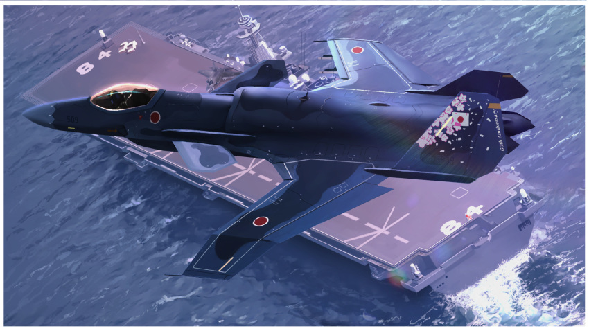 aircraft aircraft_carrier airplane boat cherry_blossoms fighter_jet flying from_above highres japanese_flag jet military military_vehicle no_humans original rising_sun ship sunburst timmyyen vehicle_focus warship watercraft