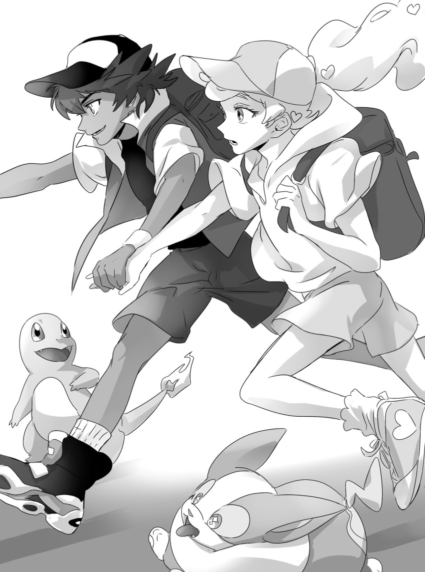 1boy 1girl backpack bag baseball_cap charmander dark_skin dark_skinned_male gen_1_pokemon gen_8_pokemon hair_ornament hat heart heart_hair_ornament highres holding_hands leon_(pokemon) long_hair pokemon pokemon_(game) pokemon_swsh ponytail running saco3pk shorts sonia_(pokemon) yamper younger