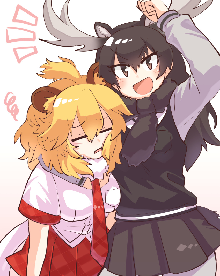 2girls :d absurdres animal_ears antlers arm_around_neck arm_up bangs big_hair black_hair blonde_hair breast_pocket brown_eyes closed_eyes extra_ears eyebrows_visible_through_hair fur_collar fur_scarf furrowed_eyebrows hair_between_eyes head_on_chest highres kemono_friends lion_ears lion_tail long_hair long_sleeves looking_at_viewer medium_hair moose_(kemono_friends) moose_ears moose_tail multiple_girls necktie open_mouth pocket scarf shirt short_sleeves simple_background skirt smile squiggle sweater tail tareme tmtkn1 v-shaped_eyebrows white_background