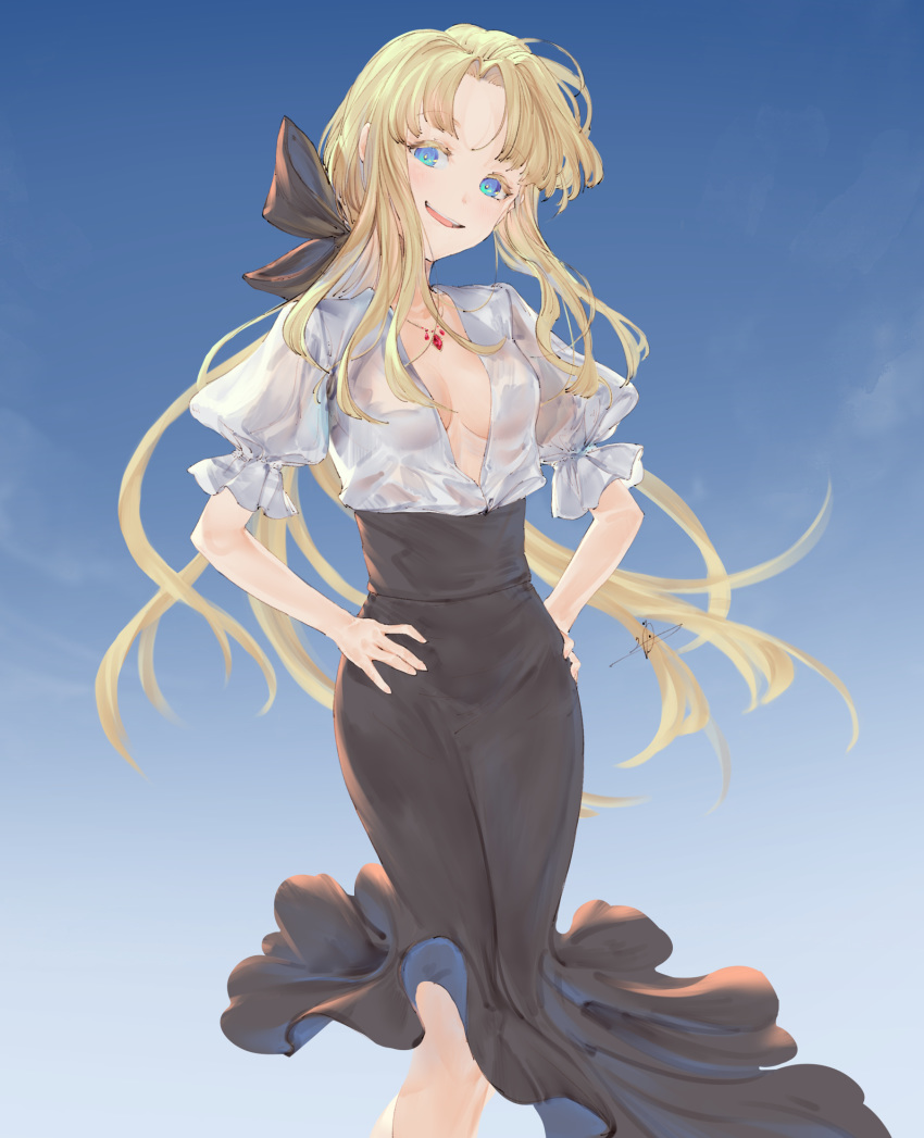 1girl :d blonde_hair blue_eyes breasts commentary hair_ribbon hands_on_hips highres io_(io_oekaki) jewelry long_hair long_skirt looking_at_viewer necklace open_mouth original ribbon skirt smile solo teeth