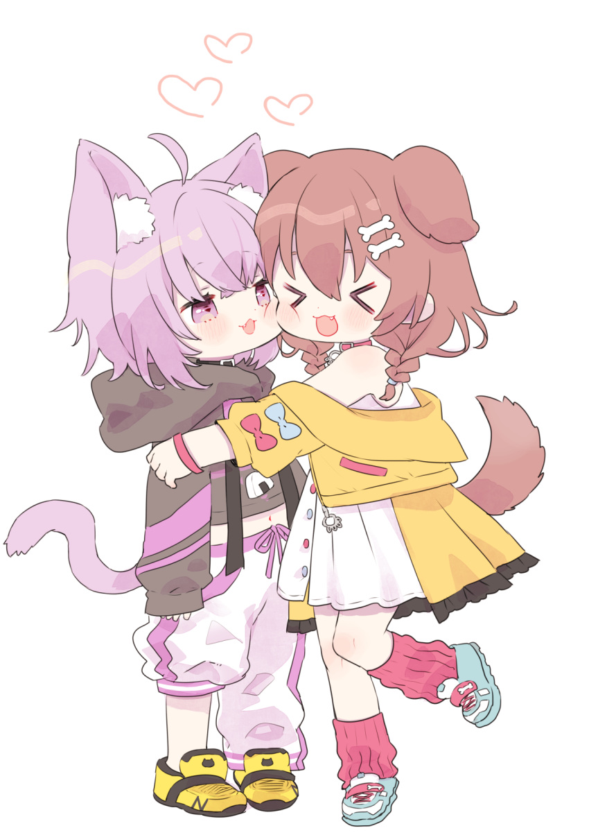 &gt;_&lt; 2girls :3 :d ahoge animal_ear_fluff animal_ears asymmetrical_legwear blue_footwear blush bone_hair_ornament brown_hair cat_ears cat_tail cheek-to-cheek collar commentary dog_ears dog_tail fang full_body hair_ornament heart highres hololive hood hooded_jacket hug inugami_korone jacket leg_warmers maitou multiple_girls navel nekomata_okayu off_shoulder onigiri_print open_mouth pants purple_hair short_hair simple_background smile standing standing_on_one_leg tail violet_eyes virtual_youtuber white_background wristband yellow_footwear yellow_jacket