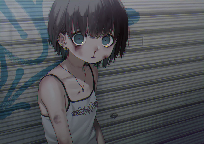 1girl black_hair blood blue_eyes bruise bruise_on_face collarbone dancho_(dancyo) ear_piercing earrings highres injury jewelry looking_at_viewer necklace nosebleed original piercing short_hair solo spaghetti_strap tank_top upper_body white_tank_top
