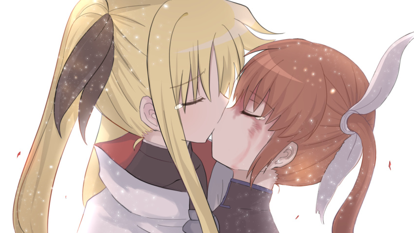 2girls blonde_hair brown_hair bruise bruise_on_face capelet cloak closed_eyes couple fate_testarossa highres injury kiss lyrical_nanoha mahou_shoujo_lyrical_nanoha mahou_shoujo_lyrical_nanoha_a's multiple_girls short_twintails simple_background takamachi_nanoha tears twintails white_background yachi696969 yuri