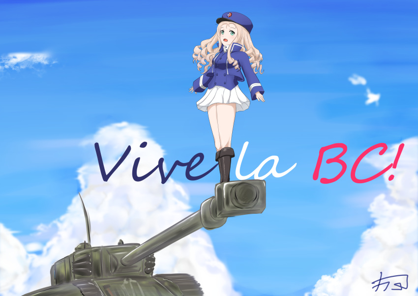1girl absurdres arl-44 artist_request bc_freedom_(emblem) bc_freedom_military_uniform blonde_hair breasts caterpillar_tracks clouds commentary_request day drill_hair emblem french_text girls_und_panzer green_eyes ground_vehicle hat highres long_hair marie_(girls_und_panzer) military military_vehicle motor_vehicle open_mouth shirt signature skirt sky tank