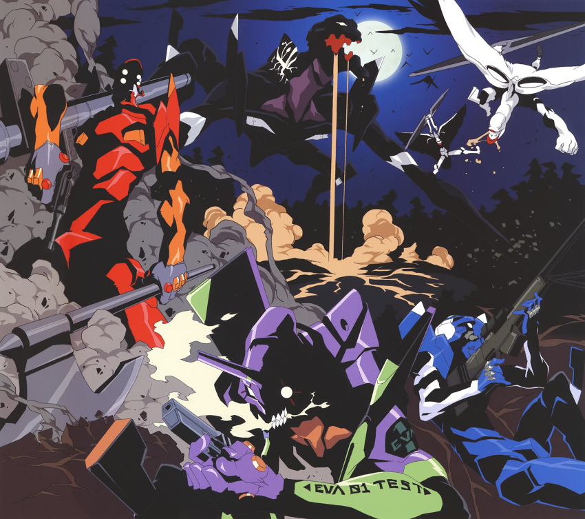 eva_00 eva_01 eva_02 eva_03 flying gainax gun highres imaishi_hiroyuki mecha neon_genesis_evangelion night night_sky no_humans official_art sky smoke standing tree weapon