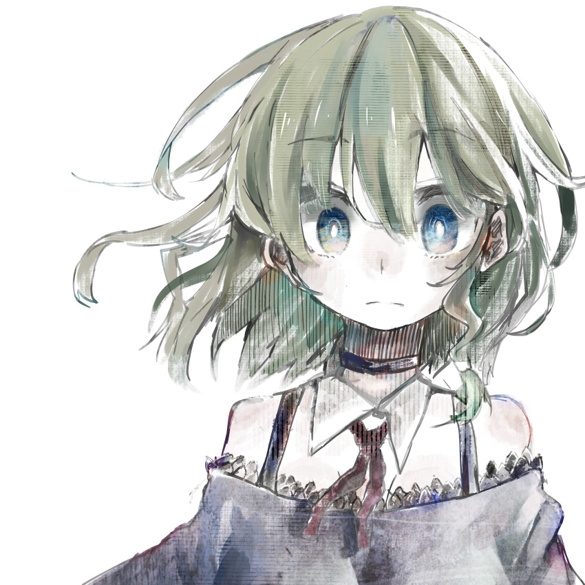 1girl absurdres bangs black_choker choker closed_mouth detached_collar expressionless eyebrows_visible_through_hair highres looking_at_viewer maribel_hearn multicolored multicolored_eyes murayo neck_ribbon red_ribbon ribbon short_hair simple_background solo touhou upper_body white_background