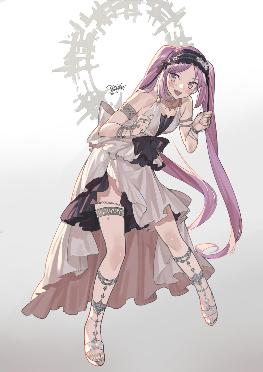 1girl armlet bare_shoulders blush chain collarbone dated dress euryale fate/grand_order fate_(series) fingernails frills gradient gradient_background highres jewelry long_hair maid_headdress open_mouth purple_hair ring seyana signature solo teeth twintails upper_teeth very_long_hair violet_eyes white_dress