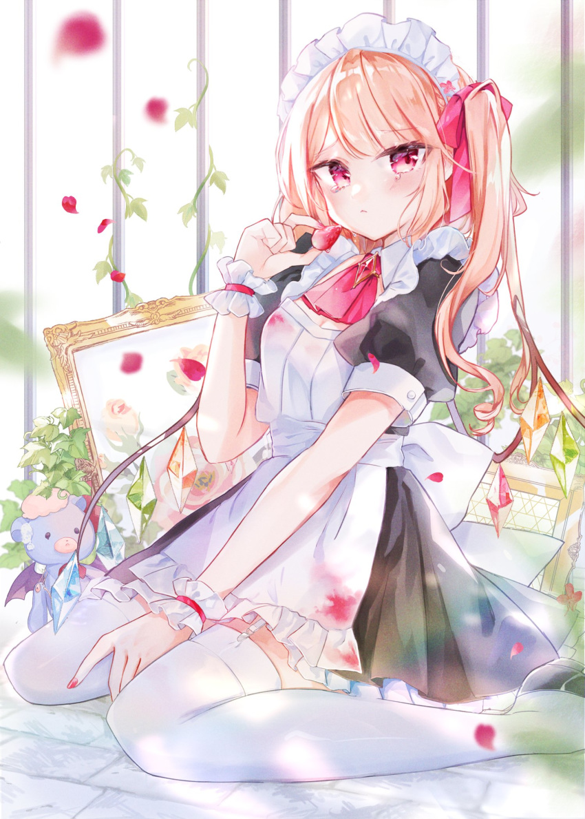 apron blonde_hair breasts crying eating flandre_scarlet food fruit garter_straps garters highres kneeling long_hair looking_at_viewer maid maid_apron maid_dress maid_headdress medium_breasts moko_(mokochisa) red_eyes seiza shoes sitting strawberry thigh-highs touhou twintails white_legwear